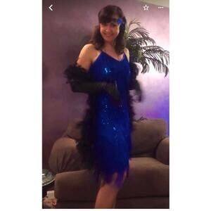 Halloween Flapper Blue Dress, Headband, Gloves, Boa - Size Small